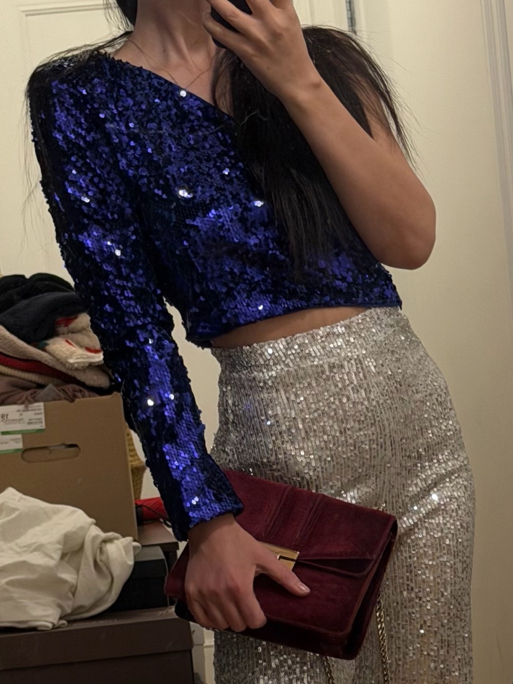 One-Shoulder Sequin Crop Top - Royal Blue